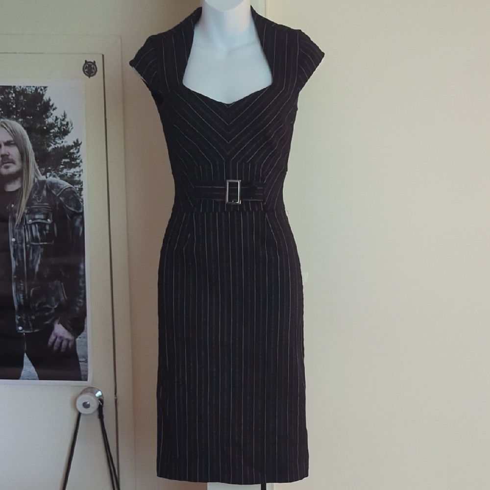 le chateau Sweetheart Black Pinstripe Midi Dress with Belt